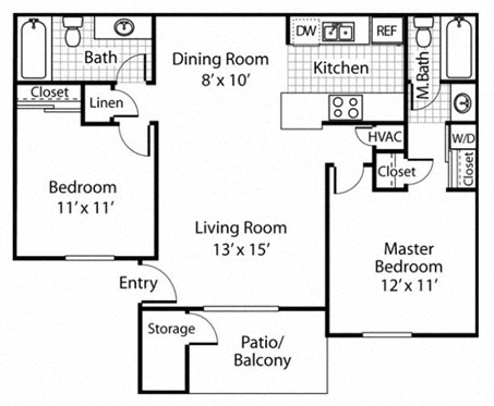 Floor plan for 2 beds, 2 baths, 873 sqft